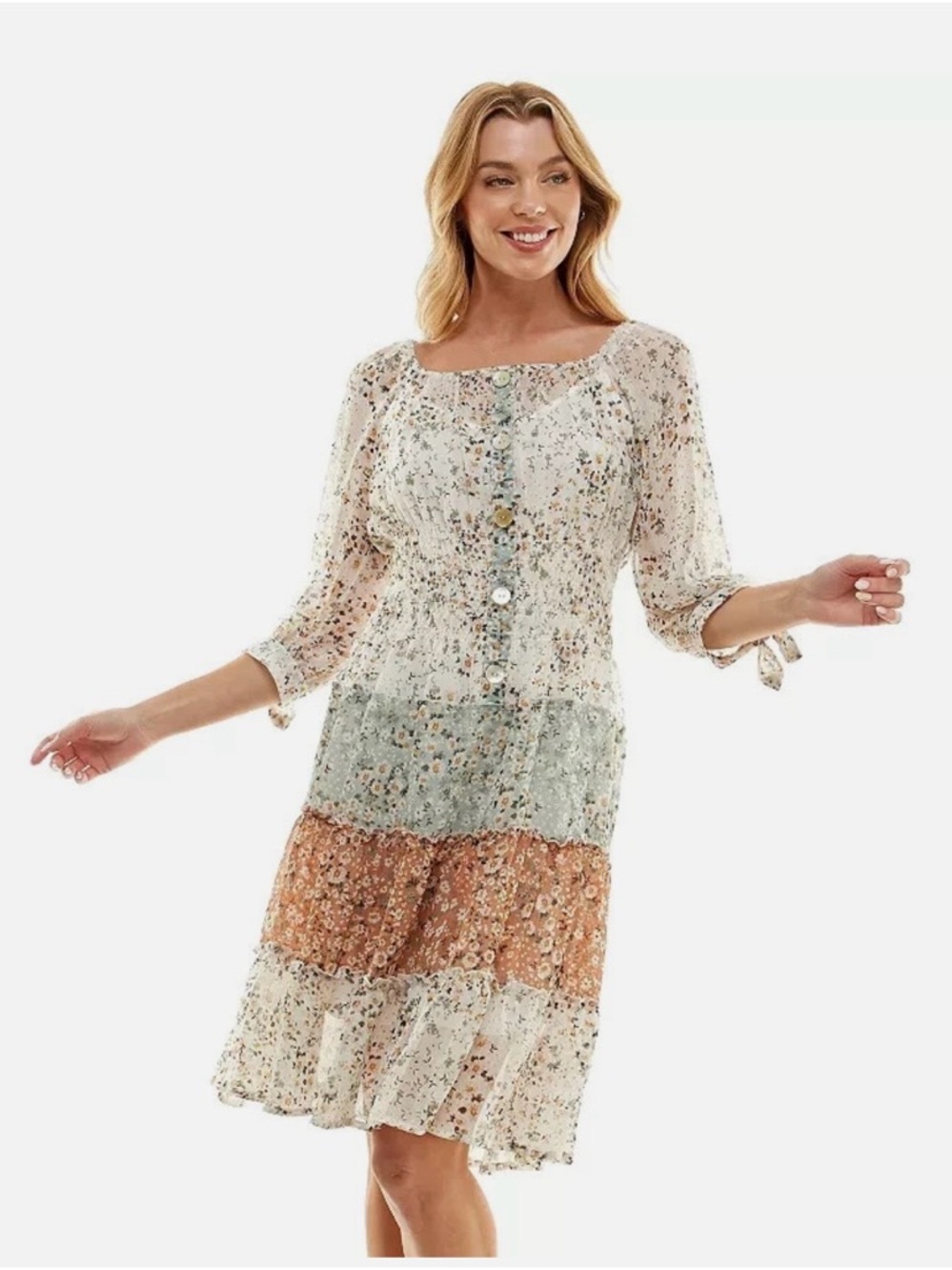 Floral Tiered Babydoll Dress in Cream, Sage & Rust by Fig & Flower